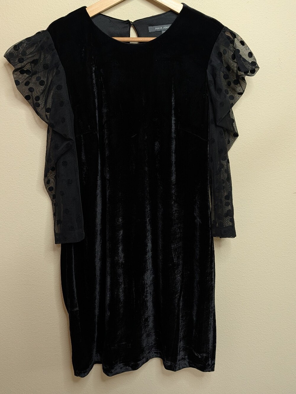 Julia Jordan Black Velvet Mini Dress Size 10 Sheer Polka Dot Ruffle Sleeves